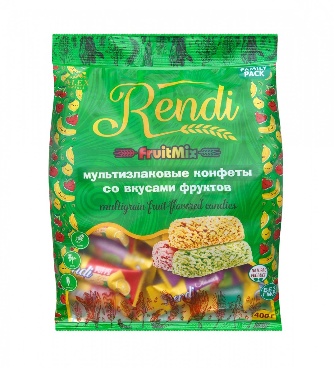 Мультизлаковые конфеты Rendi Fruit Mix со вкусом лимона, клубники, дыни, яблока, банана, вишни